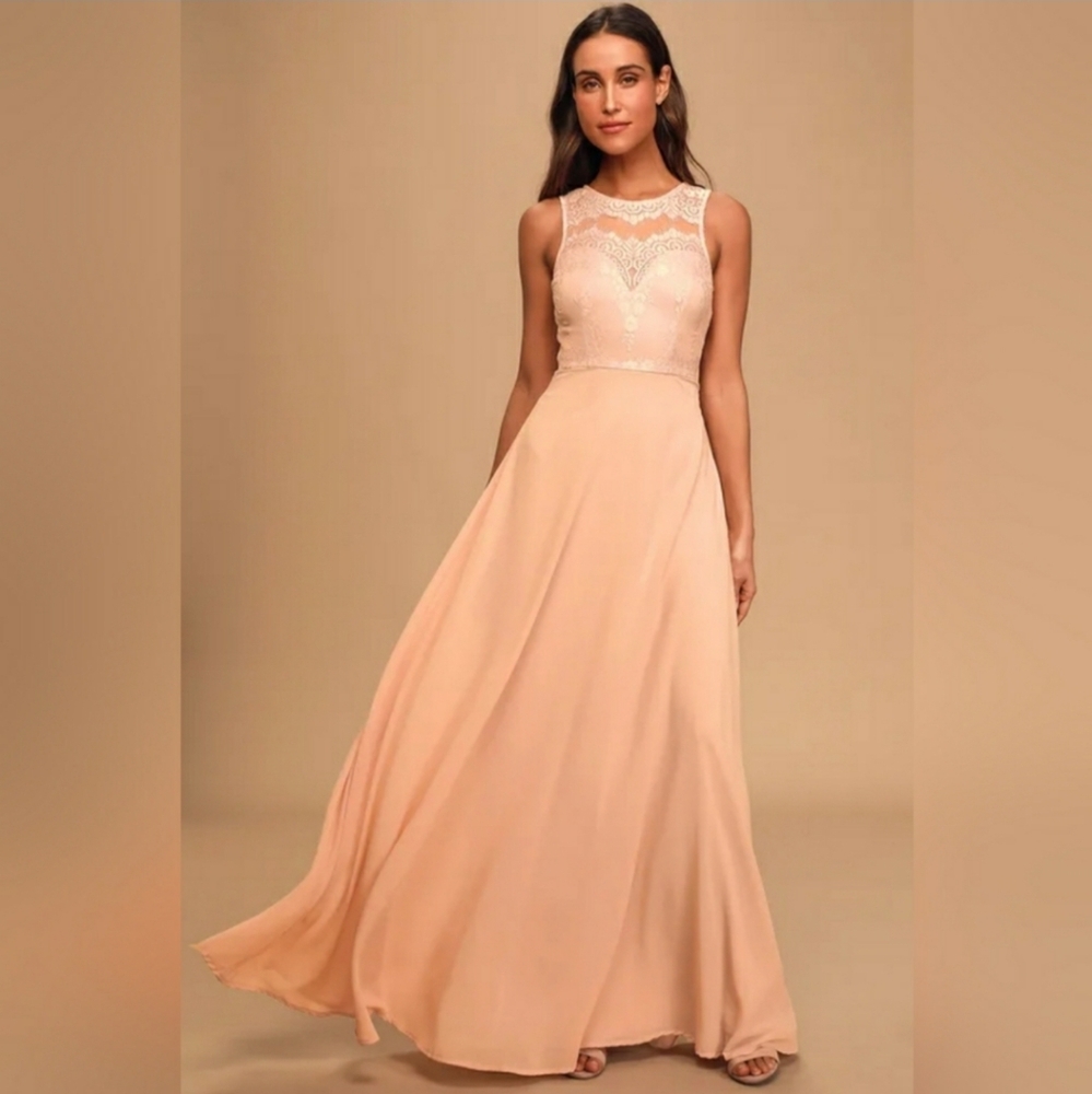 Lulu's Forever Kind of Love Blush Lace Maxi Dress Size L Wedding Guest Feminine